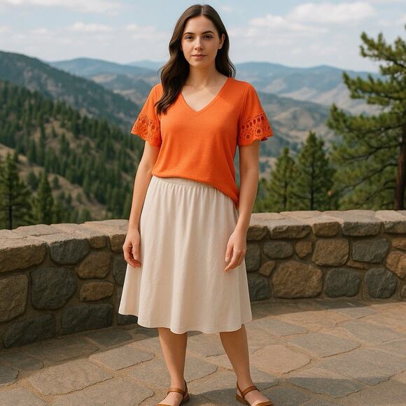 Chico's Top NWT Women's Size 4 (2X) Nectarine Eyelet Tiered Sleeve Tropical - Picture 1 of 7